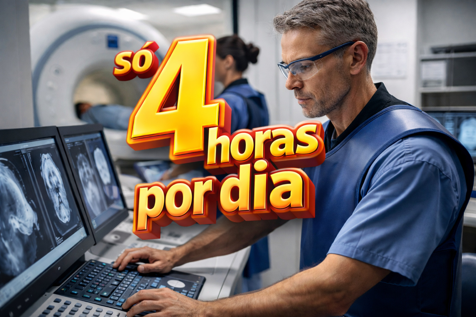 Profissional de radiologia operando equipamento de exames de imagem com destaque para jornada de apenas 4 horas por dia prevista em lei federal