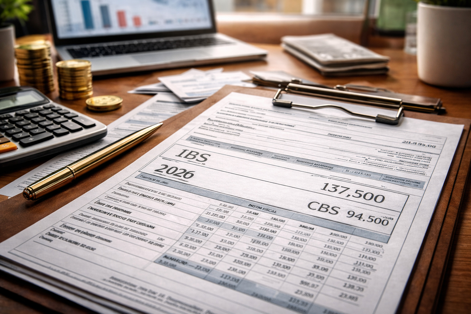 Nota fiscal eletrônica com destaque para IBS e CBS em 2026 durante a fase de testes da reforma tributária do consumo no Brasil.