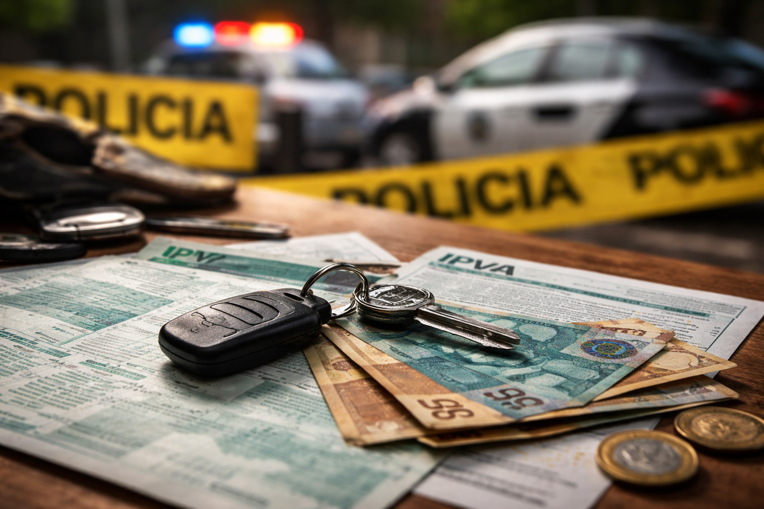 Documentos de IPVA, chaves de carro e dinheiro sobre mesa, com viatura policial desfocada ao fundo, ilustrando roubo, apreensão e restituição do imposto.