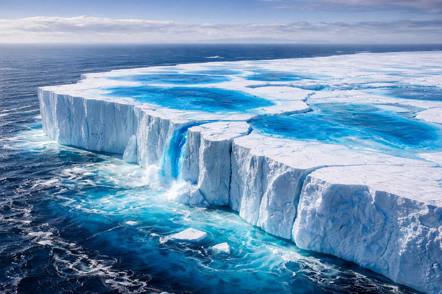 Iceberg A-23A à deriva no Atlântico Sul com poças de água azul na superfície, indicando processo de desintegração observado por satélites.