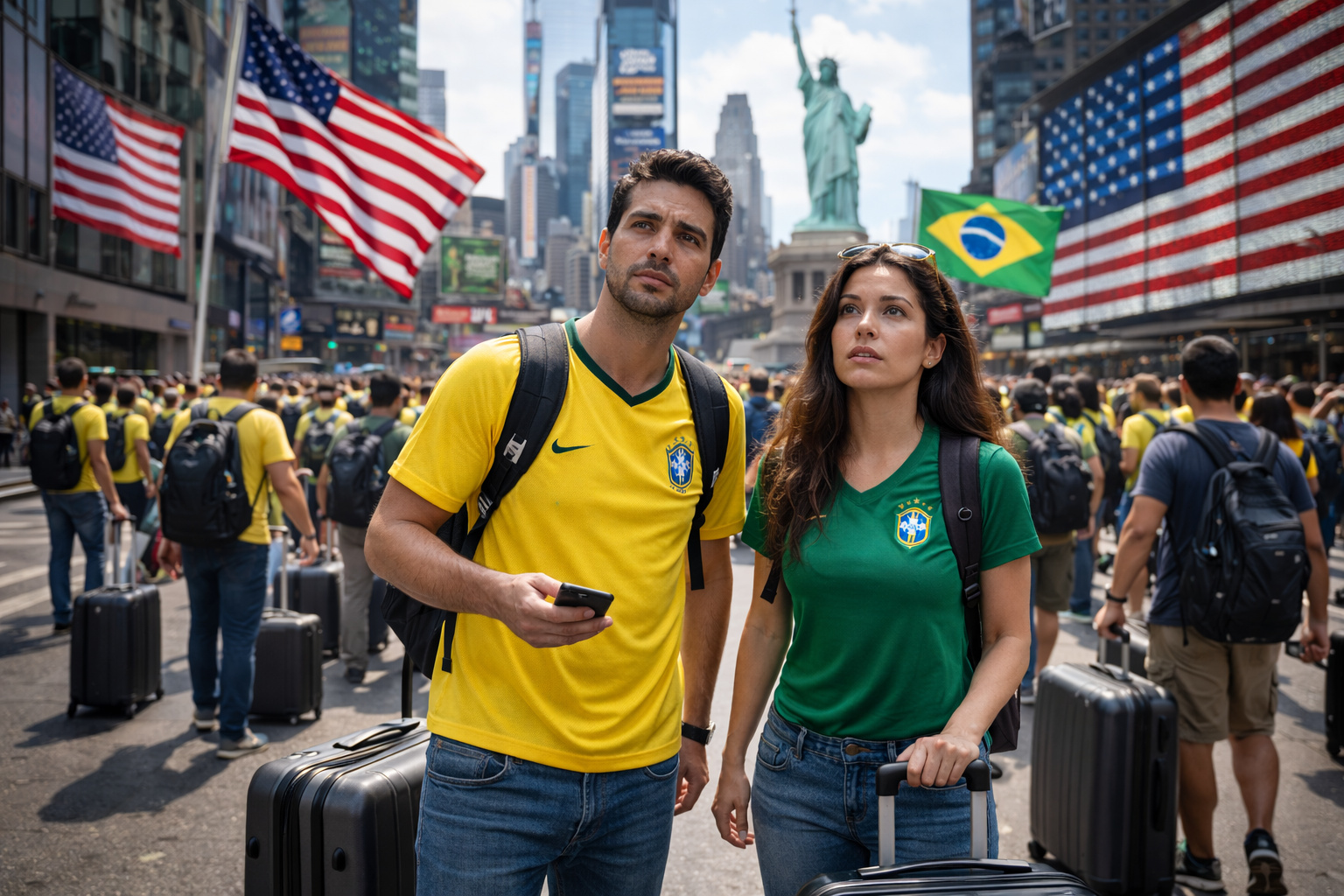 Turistas brasileiros circulam por cidade dos Estados Unidos com malas, bandeiras e pontos turísticos ao fundo, indicando aumento do fluxo de viagens em 2026.