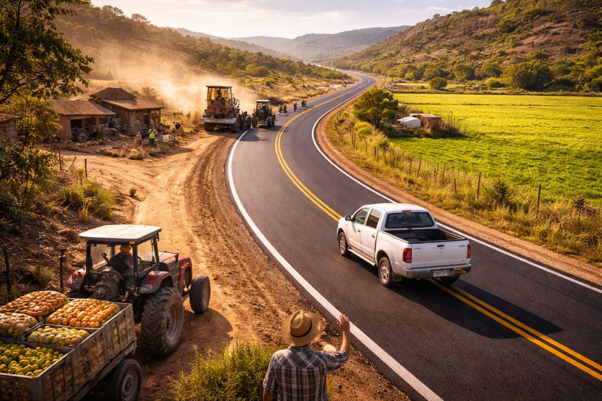 asfalto na LMG-626 avança com pavimentação em ritmo acelerado, inclui drenagem e segurança na rodovia entre Curral de Dentro e Mirandópolis, reduz poeira e lama e melhora deslocamentos.