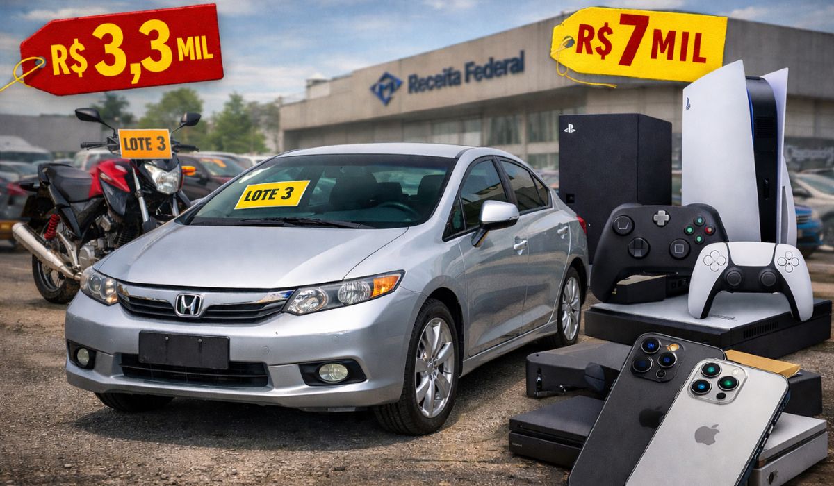 Leilão da Receita Federal em São Paulo oferece veículos e eletrônicos com lances iniciais baixos. Veja prazos, regras e como participar. (Imagem: Ilustrativa/Ideogram)