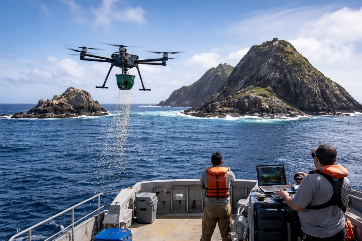 Drones lançados de um barco já estão sendo usados para espalhar isca em ilhas e áreas inacessíveis e podem mudar a forma de combater roedores invasores