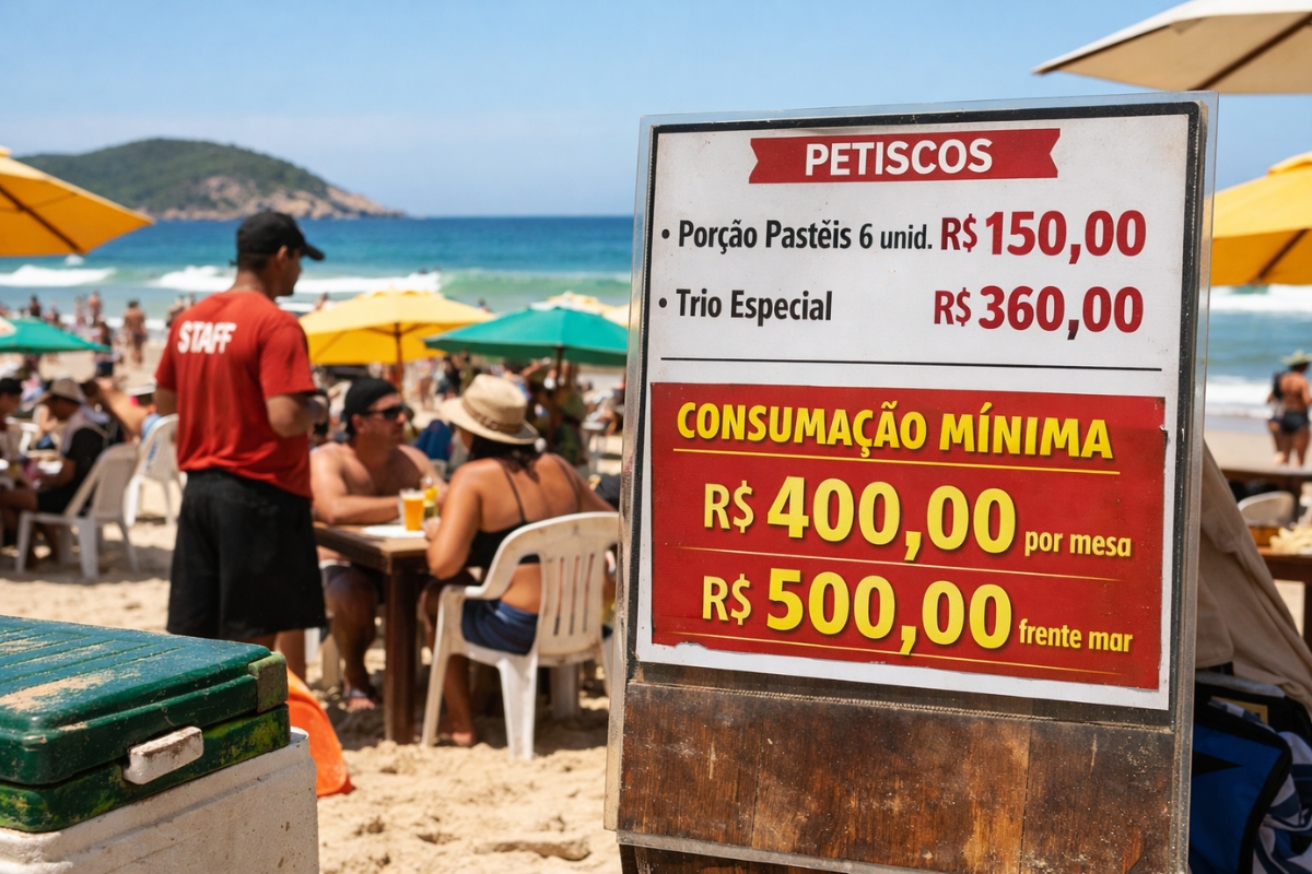 Cardápio de quiosque em Cabo Frio e Búzios expõe petiscos a R$ 150 e trio a R$ 360, com exigência de consumação mínima entre R$ 400 e R$ 500