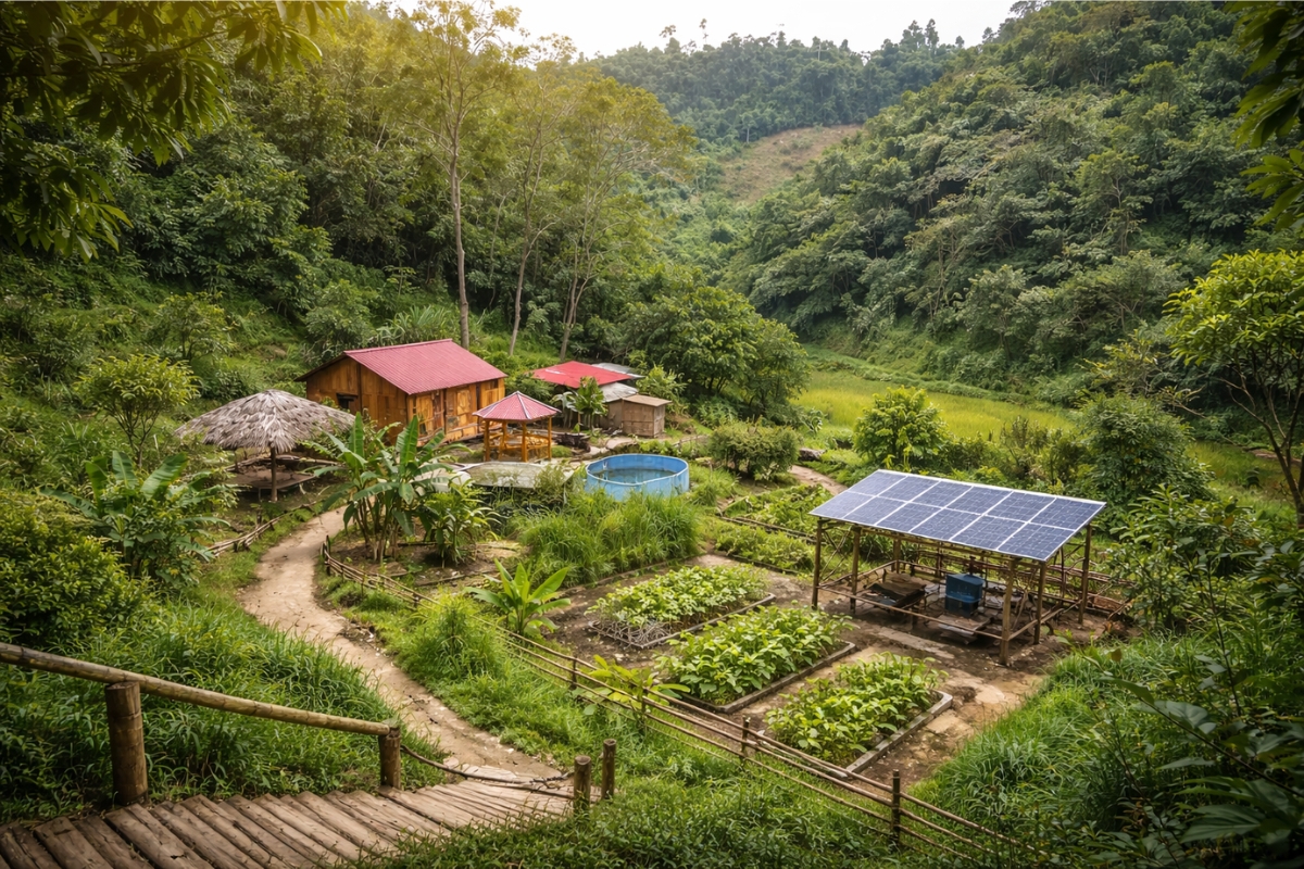 Casa abandonada vira vila autossuficiente em 120 dias, combinando moradia, cultivo e soluções práticas que reduzem a dependência de serviços externos