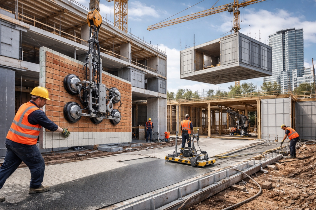 Painéis de fachada sem argamassa, ventosas a vácuo para levantar placas e nivelamento a laser no contrapiso estão encurtando obras, reduzindo retrabalho e elevando o acabamento desde o primeiro encaixe