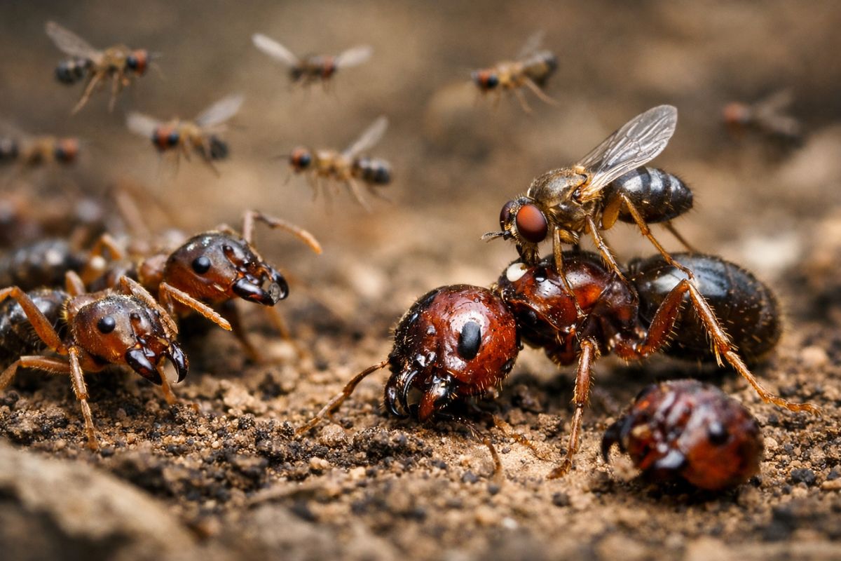 Formigas invasoras enfrentam moscas parasitoides em estratégia de controle biológico que enfraquece colônias e reduz pragas sem uso de venenos.