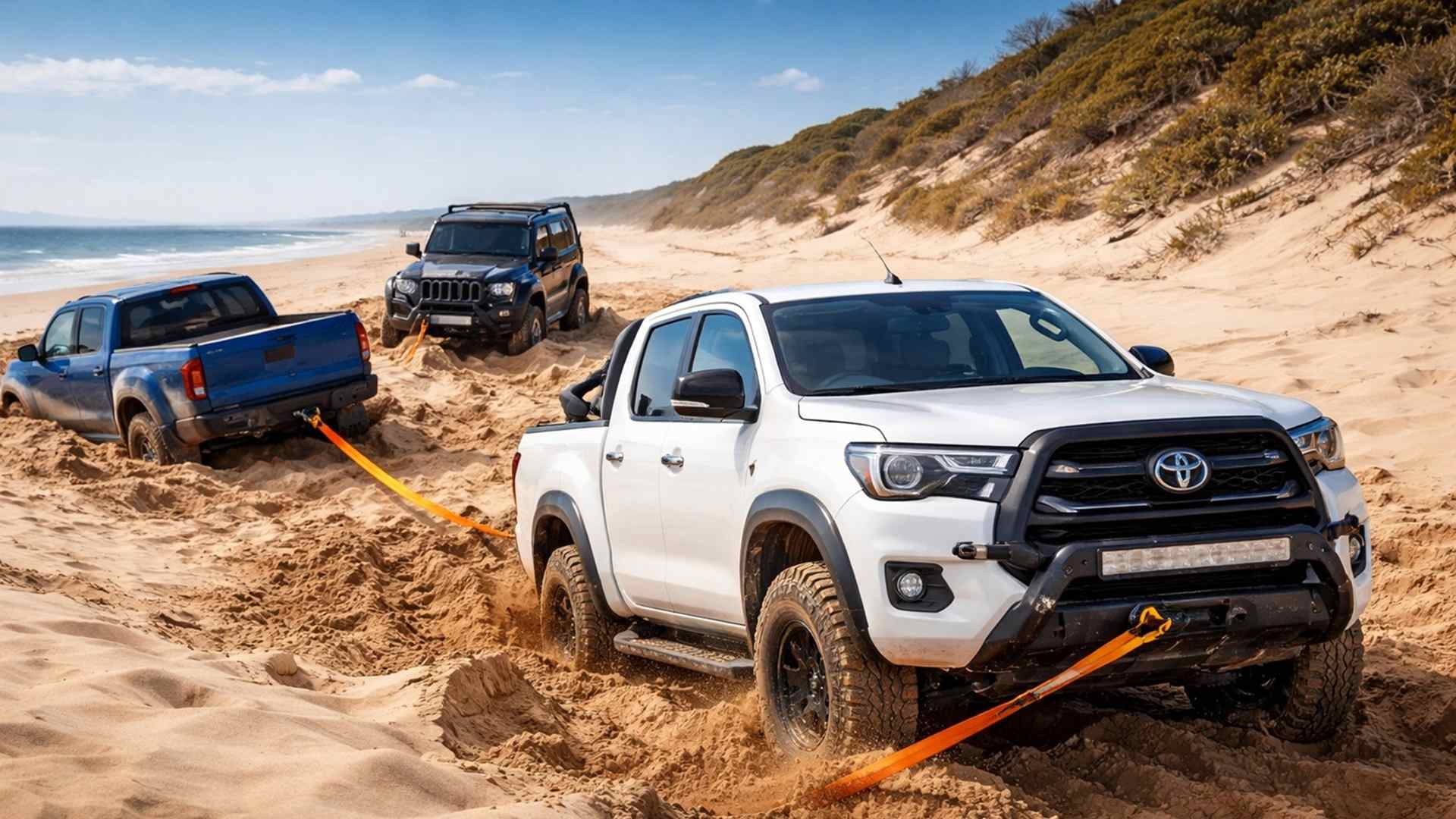 Tentativa de resgate na areia da Flórida deixa dois veículos atolados até intervenção de uma Toyota Tacoma, segundo empresa local de reboque.