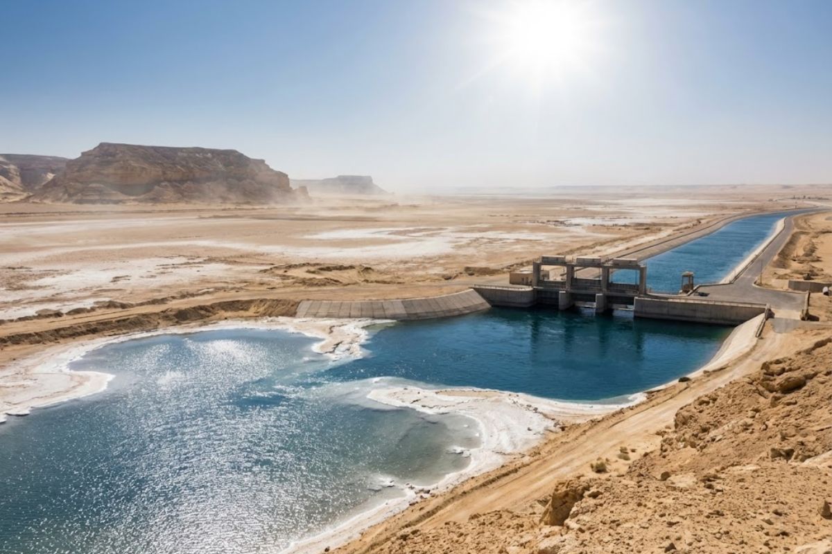 Egito avalia inundar o deserto com água do Mediterrâneo na depressão do Qatar; evaporação intensa pode concentrar sal, elevar custos e limitar a geração hidrelétrica, segundo o estudo de viabilidade de 2023.