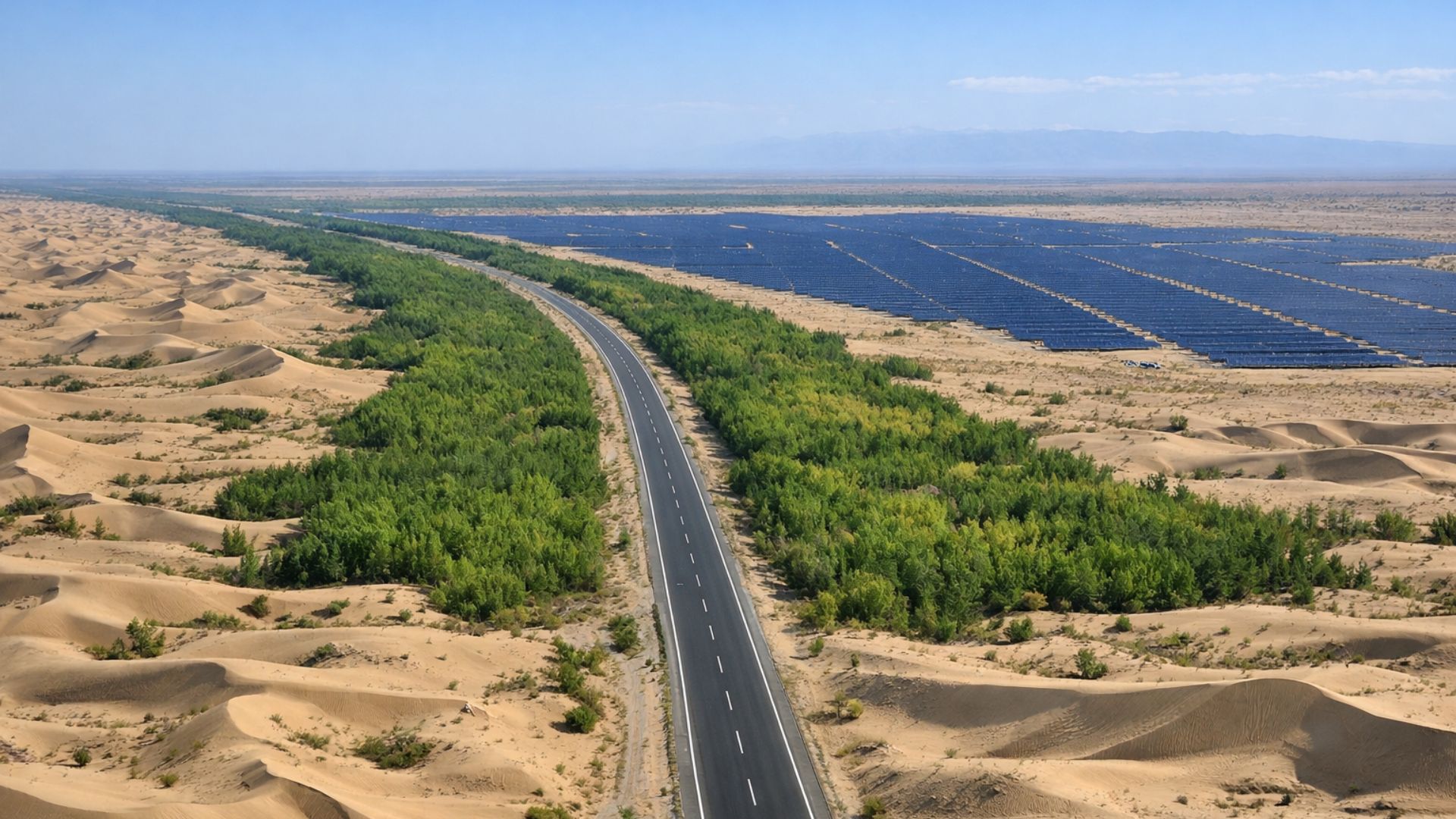 China conclui cinturão verde ao redor do deserto de Taklamakan, em Xinjiang, após décadas de ações contra a desertificação e uso econômico do deserto.