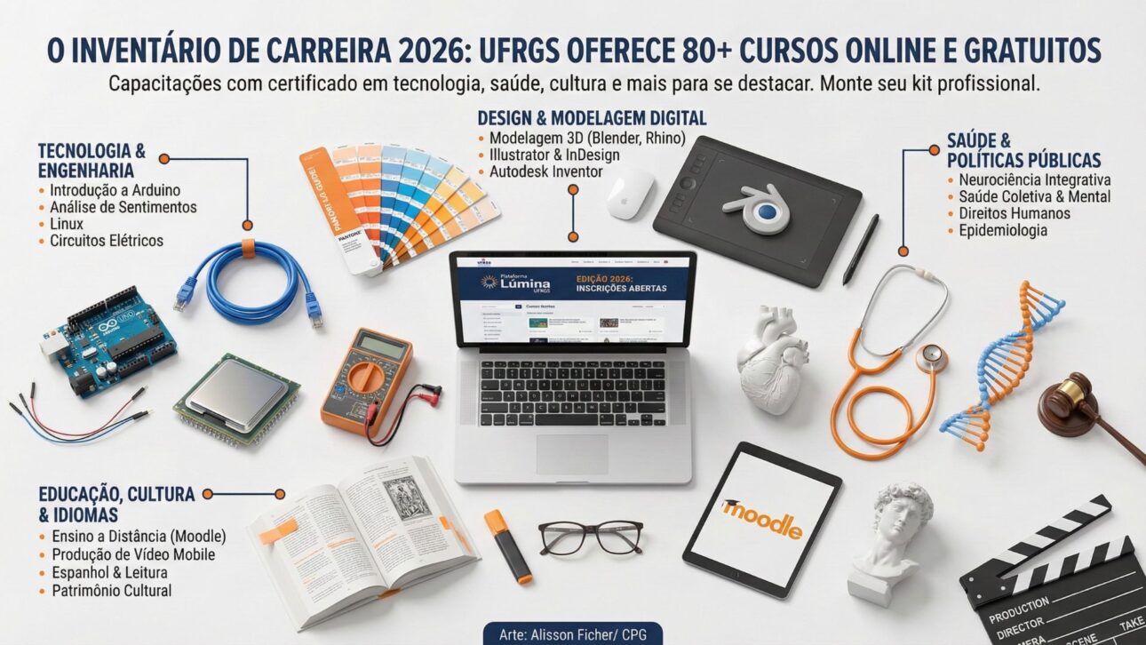 UFRGS abre mais de 80 cursos gratuitos e online com certificado em 2026, com opções em engenharia, saúde, design 3D, cultura e idiomas.