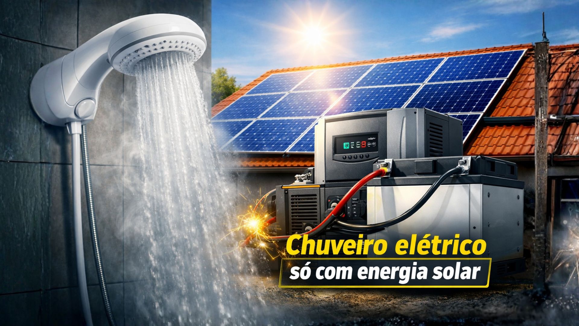 Chuveiro elétrico de 7.500 W com energia solar exige cálculo de placas, baterias e inversor para suportar picos sem falhas no sistema.