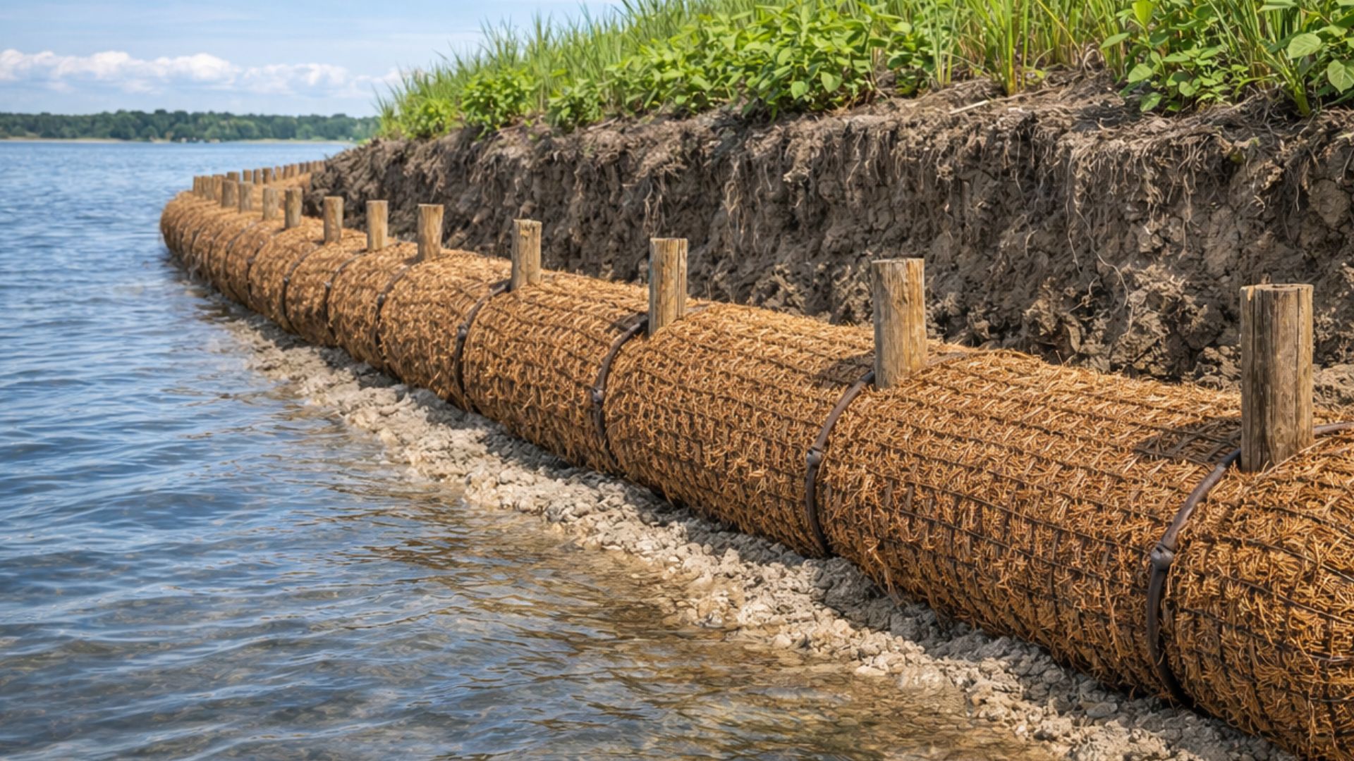 Troncos de fibra de coco são usados em margens vivas para reduzir erosão, reter sedimentos e proteger costas sem concreto em projetos nos EUA e Europa.