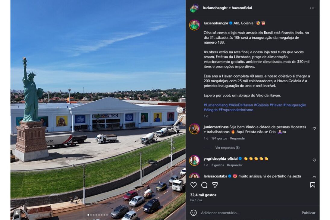 Havan inaugura megaloja em Goiânia; Luciano Hang mostra obra quase pronta com Estátua da Liberdade, estrutura colossal e promessa de impacto no varejo goiano.
