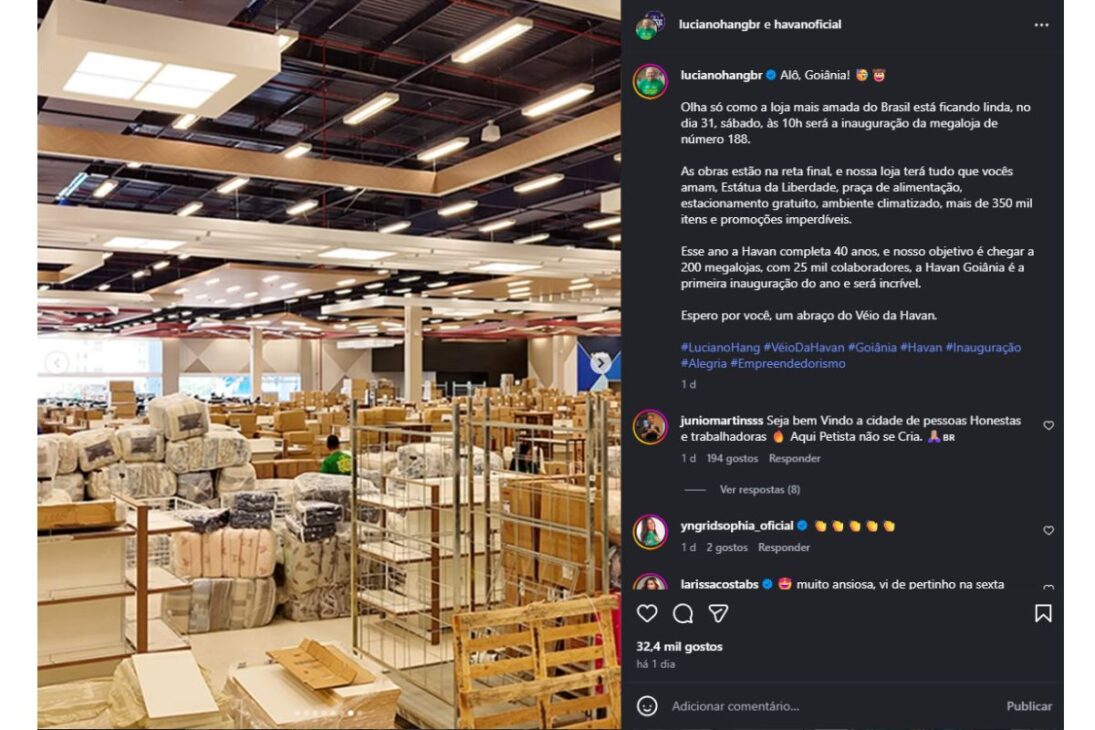 Havan inaugura megaloja em Goiânia; Luciano Hang mostra obra quase pronta com Estátua da Liberdade, estrutura colossal e promessa de impacto no varejo goiano.