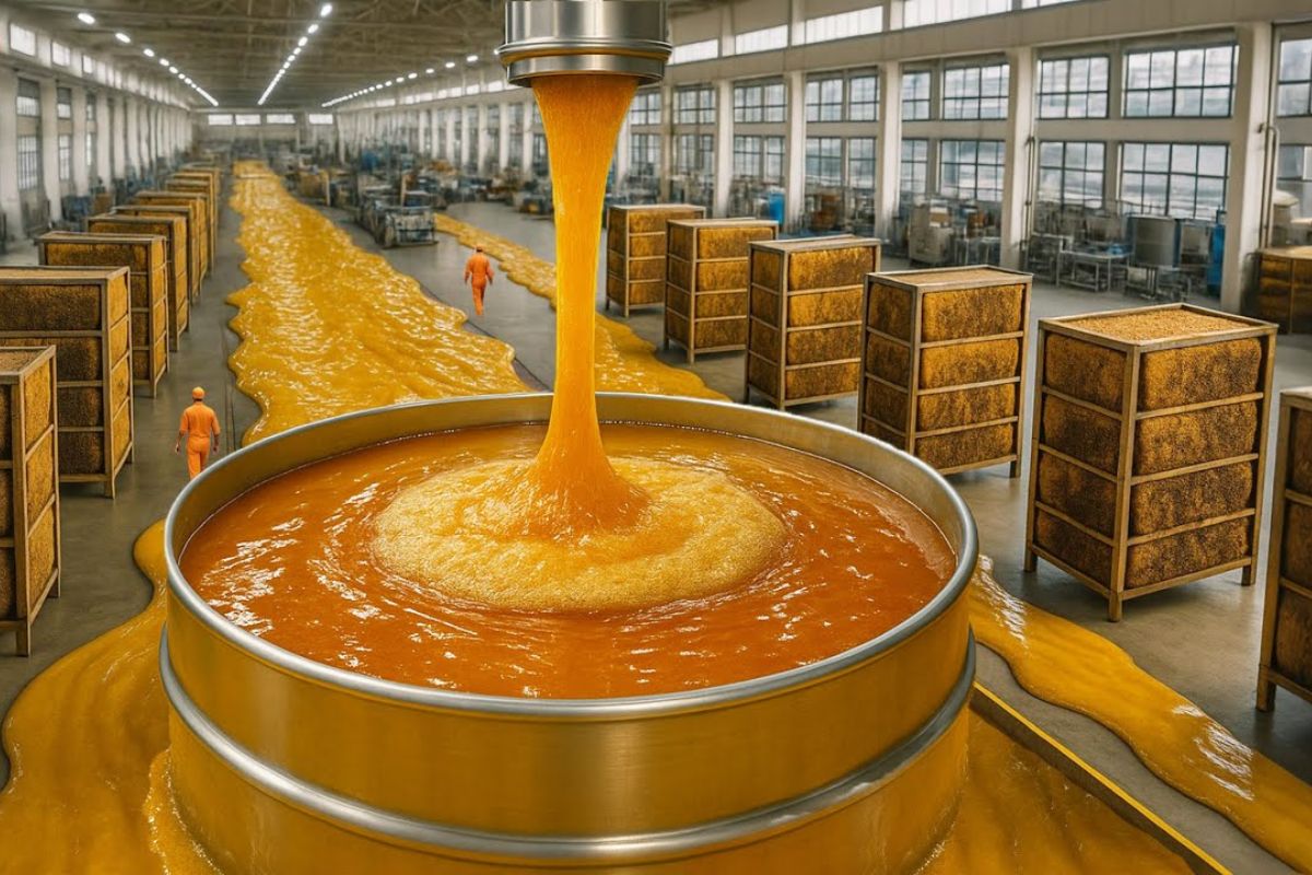 Mel em escala: abelhas e apicultores sustentam a linha industrial com extração, filtração e envase controlados por temperatura e umidade, da colmeia à fábrica.