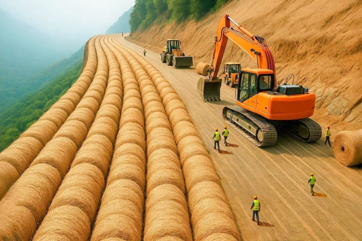 Engenharia sustentável da Índia usa cascas de coco e fibra de coco em geotêxtil natural para criar estradas ecológicas duráveis que resistem ao tempo