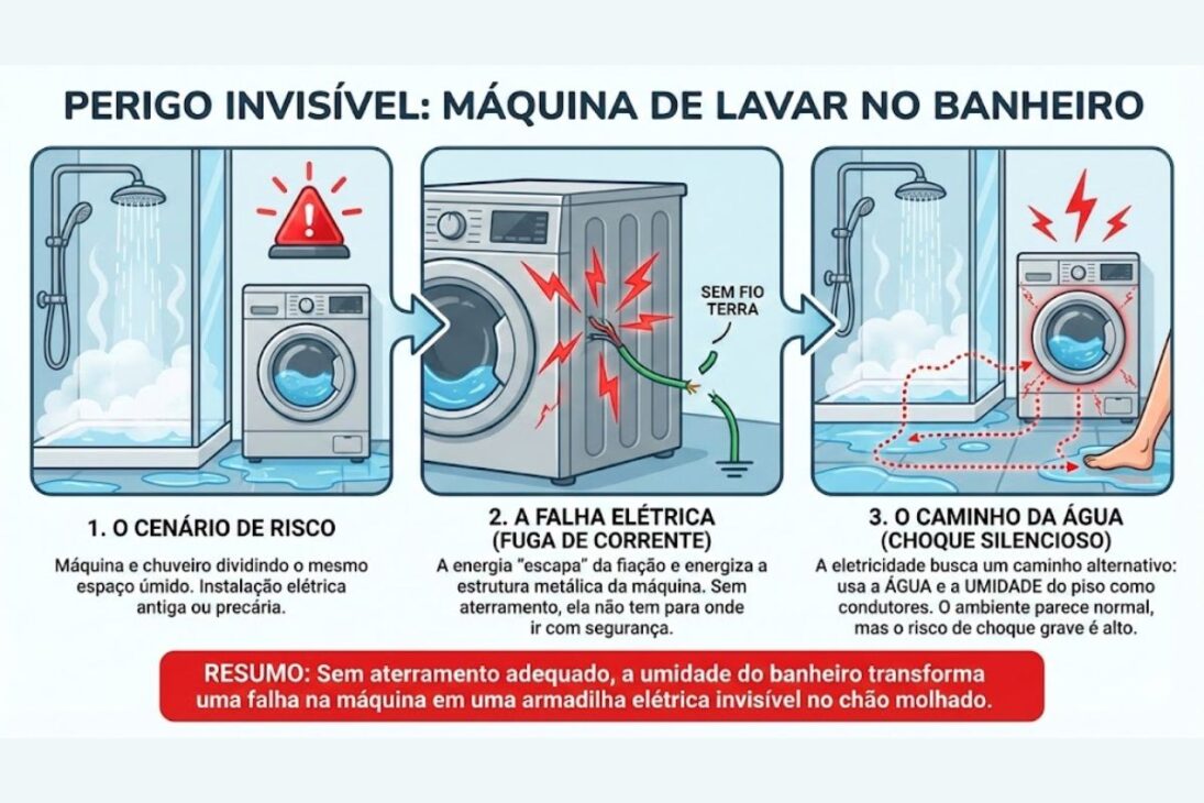 Em casas brasileiras, ligar a máquina de lavar e ir para o banho pode elevar o risco de choque e incêndio doméstico, sobretudo com fiação antiga, fuga de corrente e ausência de aterramento, exigindo atenção para evitar acidentes.