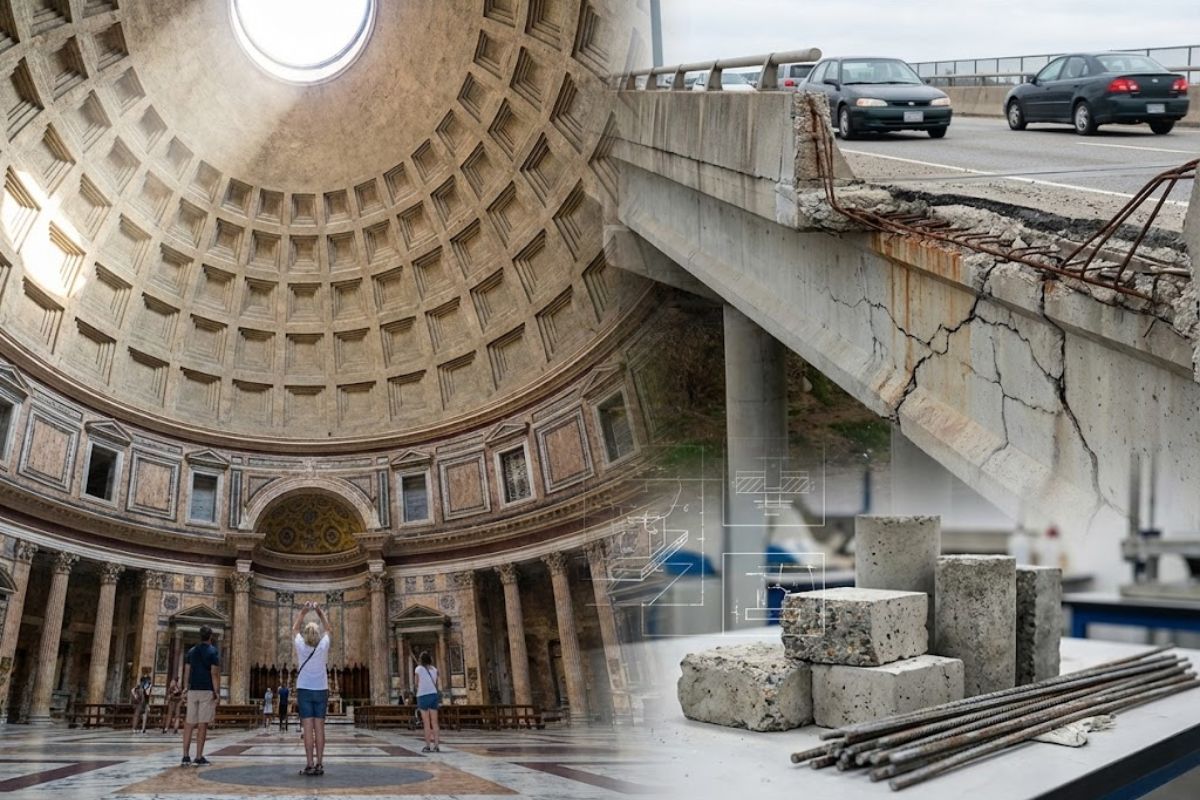 maior cúpula de concreto não armado no Panteão levanta debate sobre durabilidade; aço e água influenciam resistência; cinzas vulcânicas entram na química; economia define vida útil e manutenção.