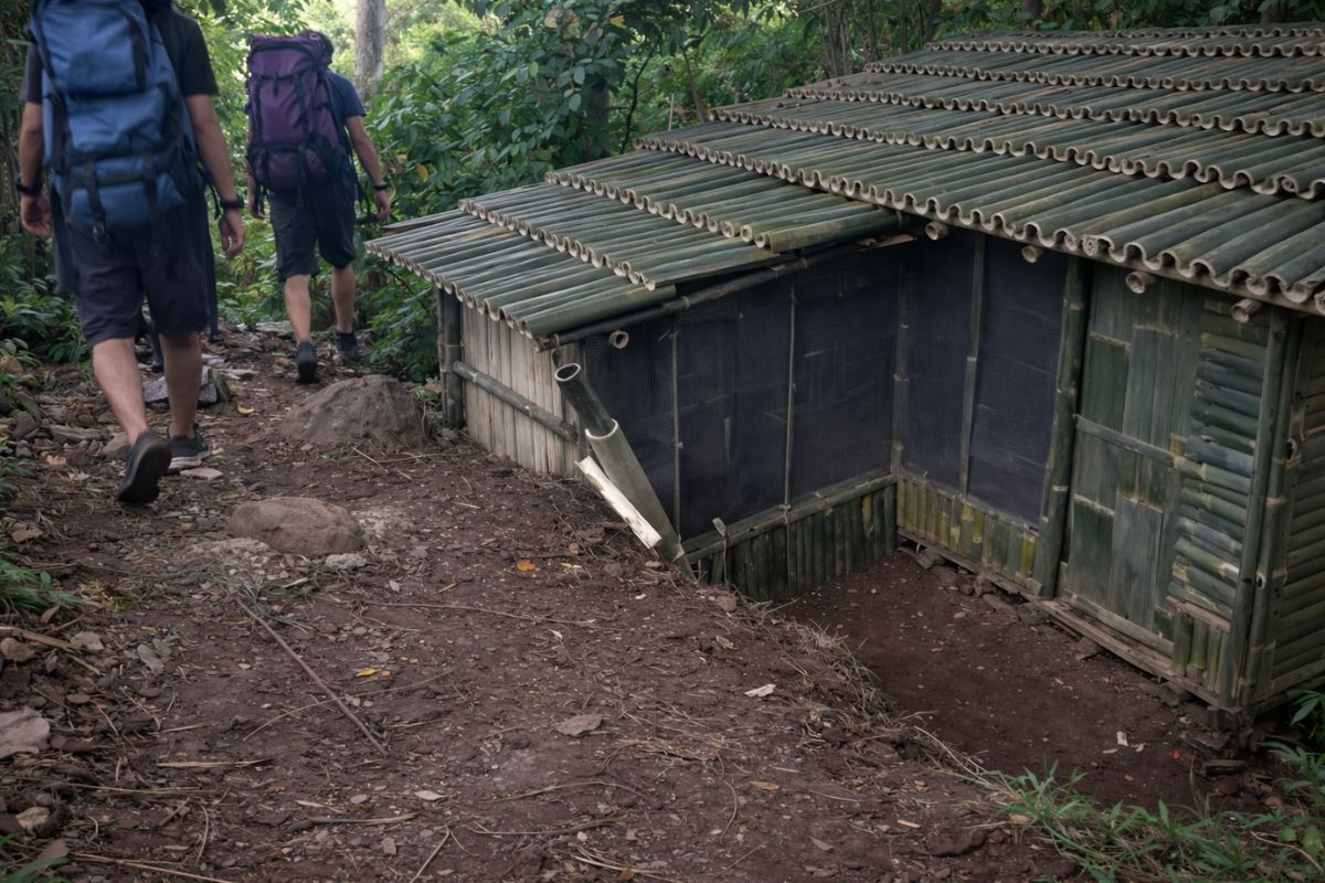Pai e filho constroem abrigo off-grid só com bambu, folhas e argila, levantam cabanas elevadas e até sobre o rio, usam amarrações sem pregos e telhado que drena (1)