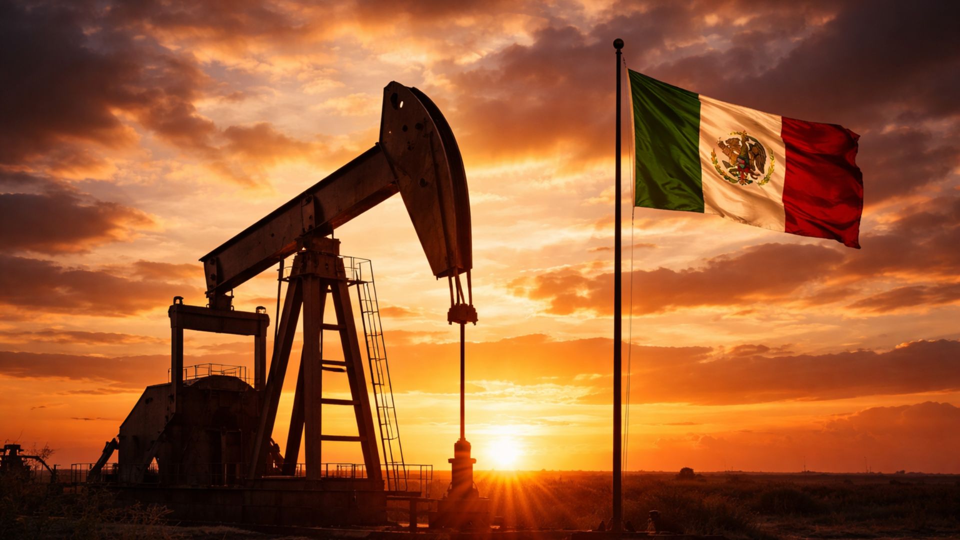 Bomba de petróleo operando ao pôr do sol com bandeira do México em mastro ao lado, simbolizando o papel mexicano no fornecimento de petróleo em meio a tensões internacionais.