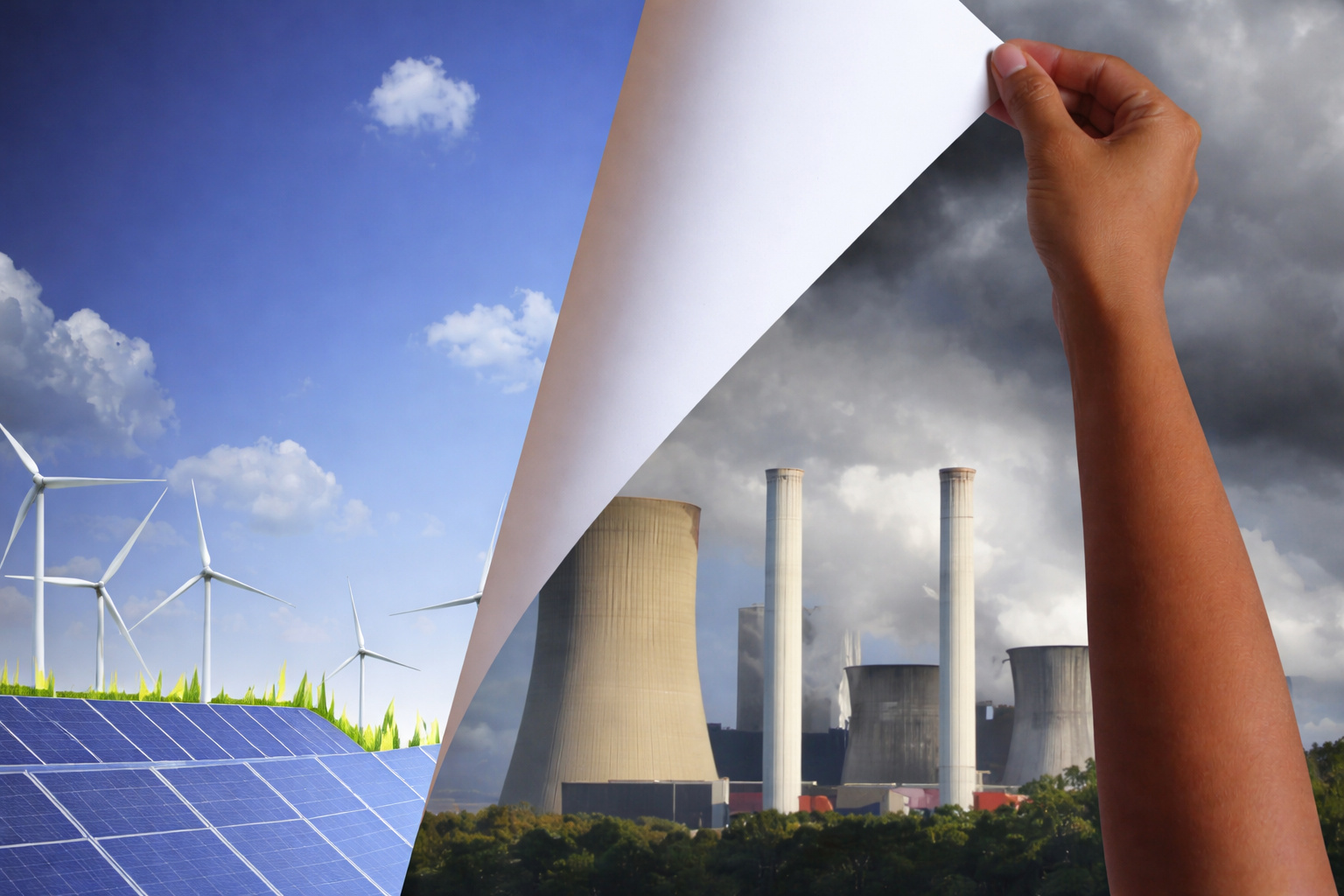 Mão morena puxando uma folha que revela contraste entre energia limpa com painéis solares e turbinas eólicas e usina poluente com chaminés e fumaça escura.