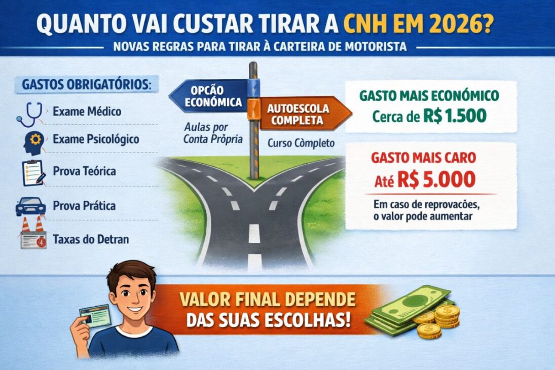 novas regras da CNH em 2026 mudam custos da CNH, mantêm taxas do Detran e tornam autoescolas opcionais, abrindo trajetórias do mínimo até perto de R$ 5 mil conforme escolhas e reprovações.