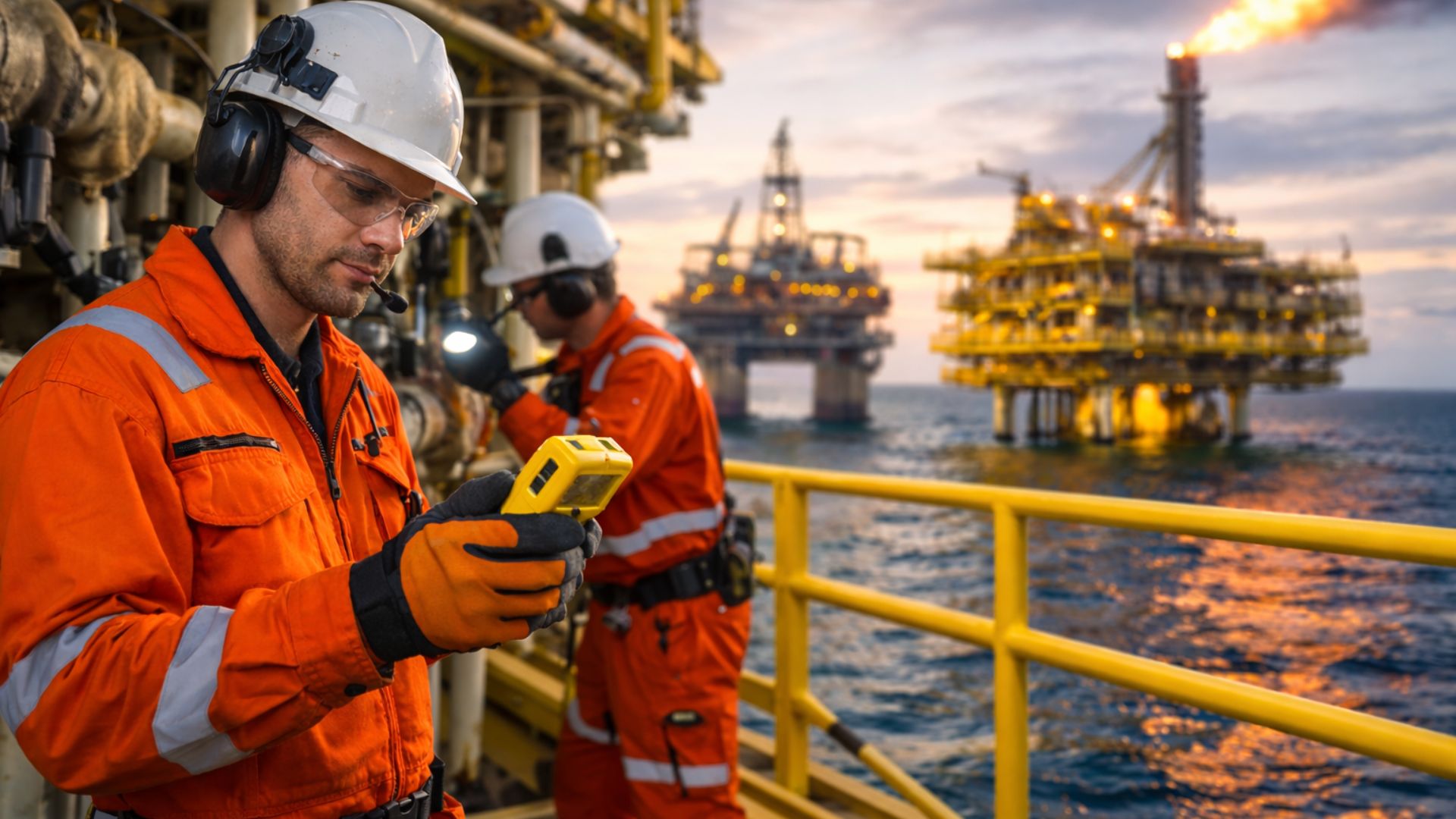 Técnico em segurança offshore monitora detector de gases em plataforma de petróleo no mar, com outra unidade de produção ao fundo durante operação embarcada.