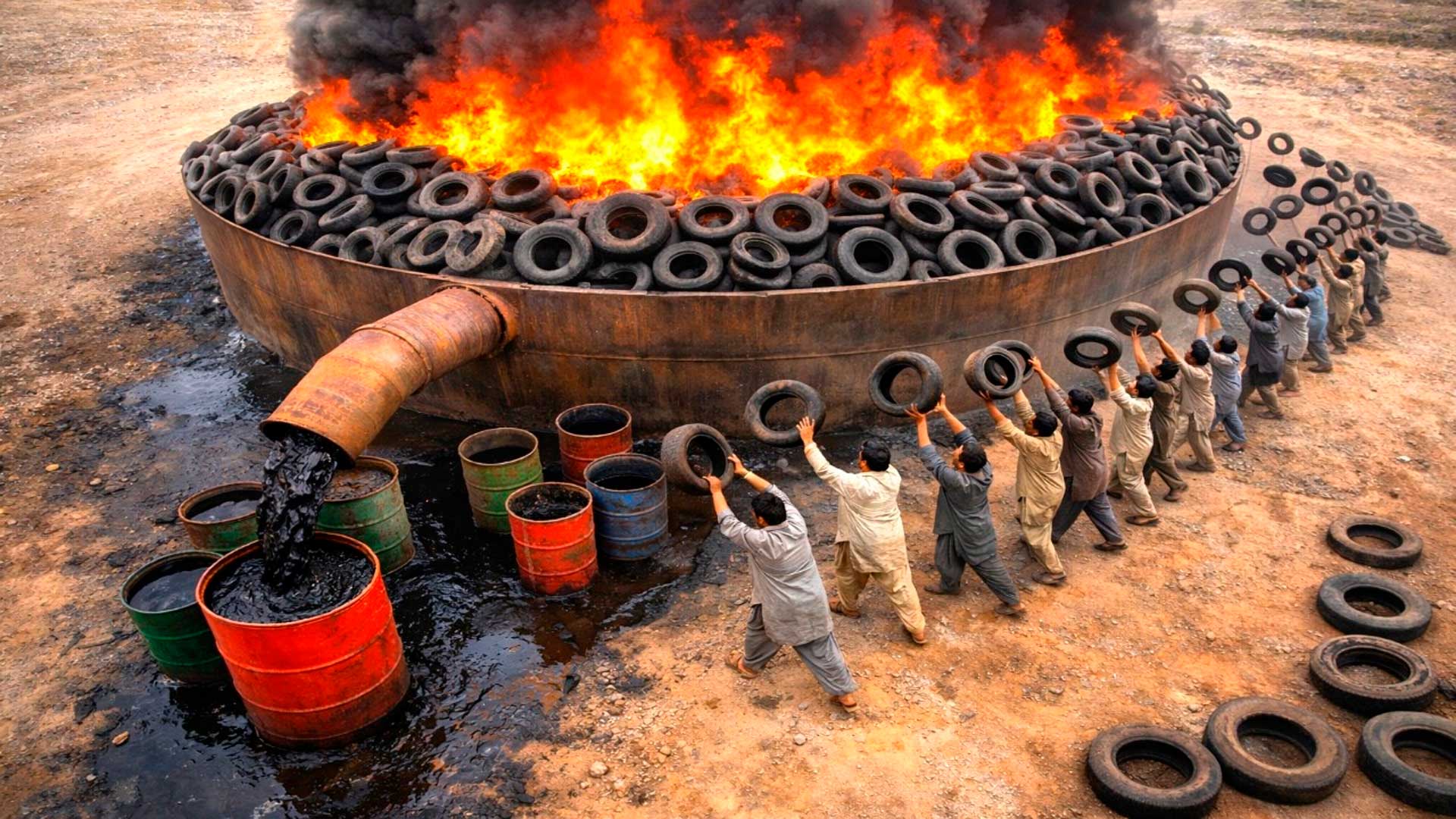 Toneladas de pneus usados estão sendo transformadas em óleo por pirólise em fábricas no Paquistão, enquanto a demanda por combustível cresce e o smog coloca o setor sob pressão