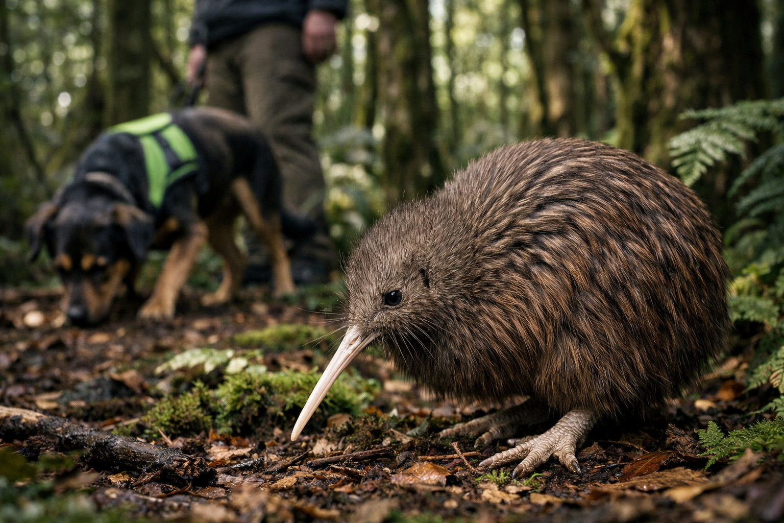 Cão de conservação localizando quiuí em floresta da Nova Zelândia