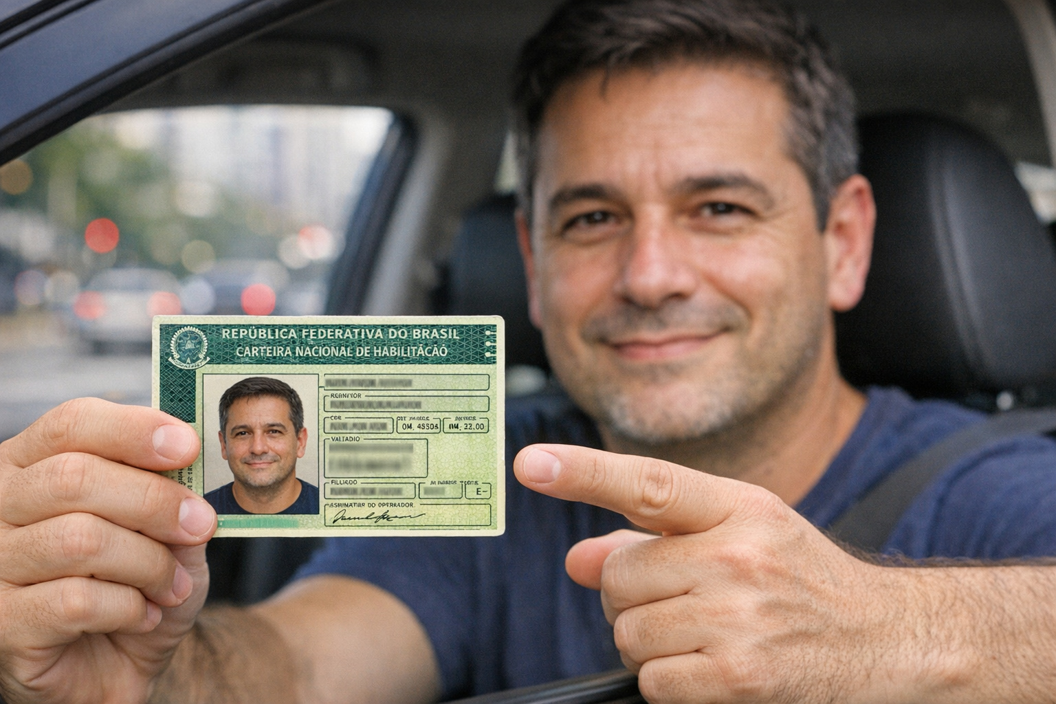 Motorista utilizando celular com CNH digital renovada automaticamente sem exames ou taxas