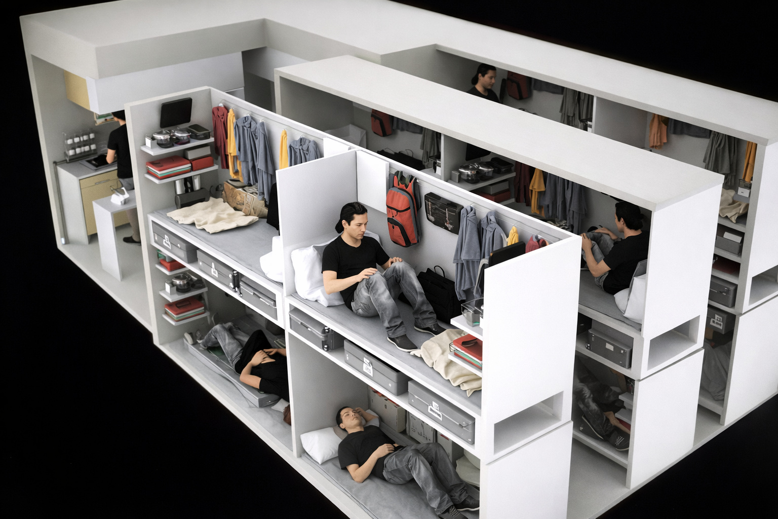 Ilustração realista mostra apartamentos-caixão em Hong Kong, com moradores vivendo em compartimentos minúsculos empilhados, sem janelas e com espaço extremamente limitado.