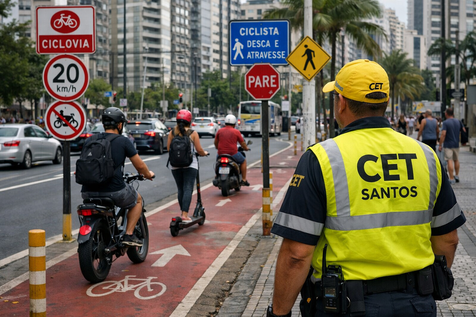 Agente da CET fiscalizando bicicletas elétricas e patinetes em ciclovia de Santos