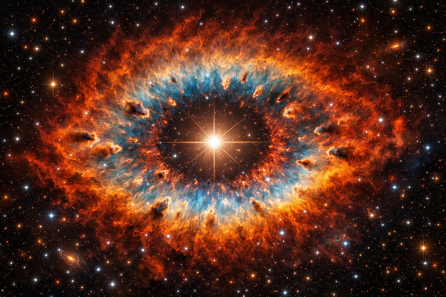 Nebulosa da Hélice observada pelo telescópio James Webb, com nós cometários e estrela central brilhante.