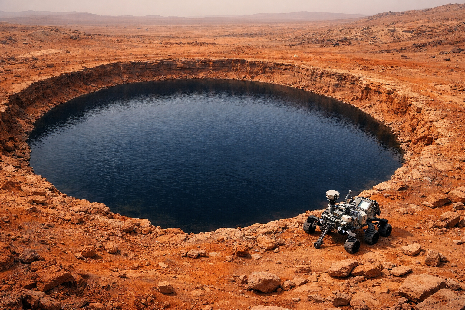 Rover Curiosity ao lado de um lago de água líquida em Marte, em terreno avermelhado, representando evidências científicas de lagos abertos no passado do planeta.