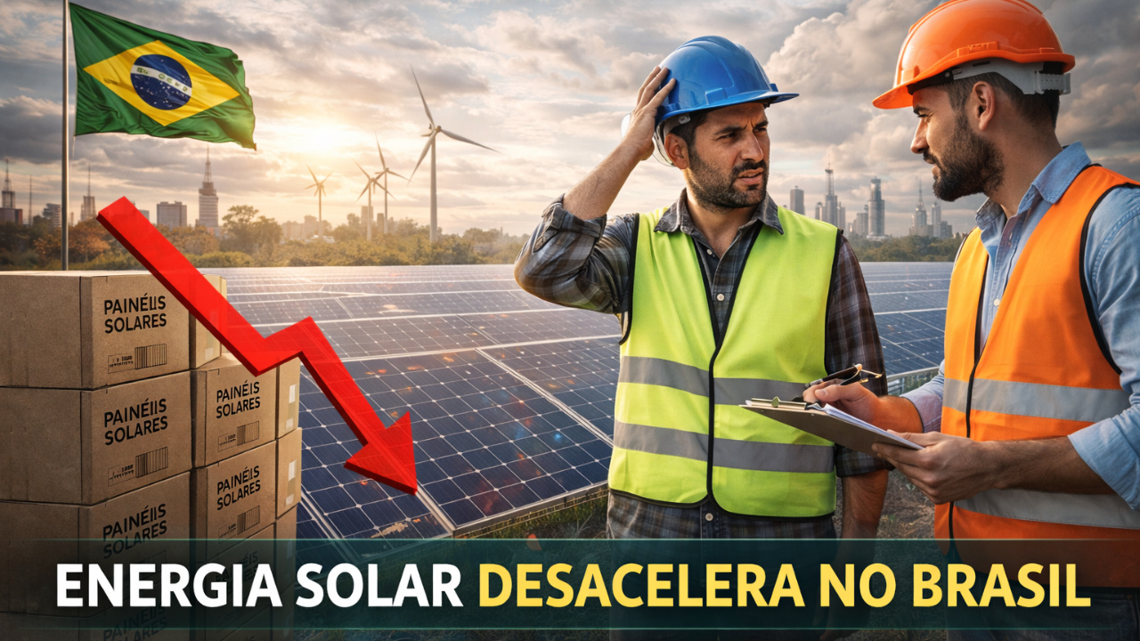 Instalação de energia solar desacelera no Brasil após taxação de painéis, juros elevados e entraves regulatórios, segundo dados da Absolar e do mercado financeiro.