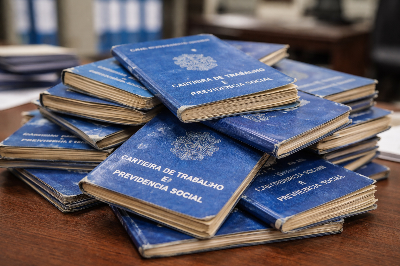 Carteiras de Trabalho empilhadas representam o mercado de trabalho brasileiro e a dificuldade de contratação mesmo com desemprego baixo.