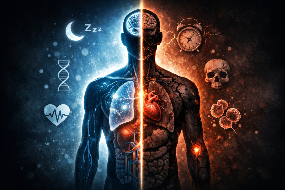 Homem com insônia acordado durante a madrugada, representando os efeitos do sono insuficiente na saúde