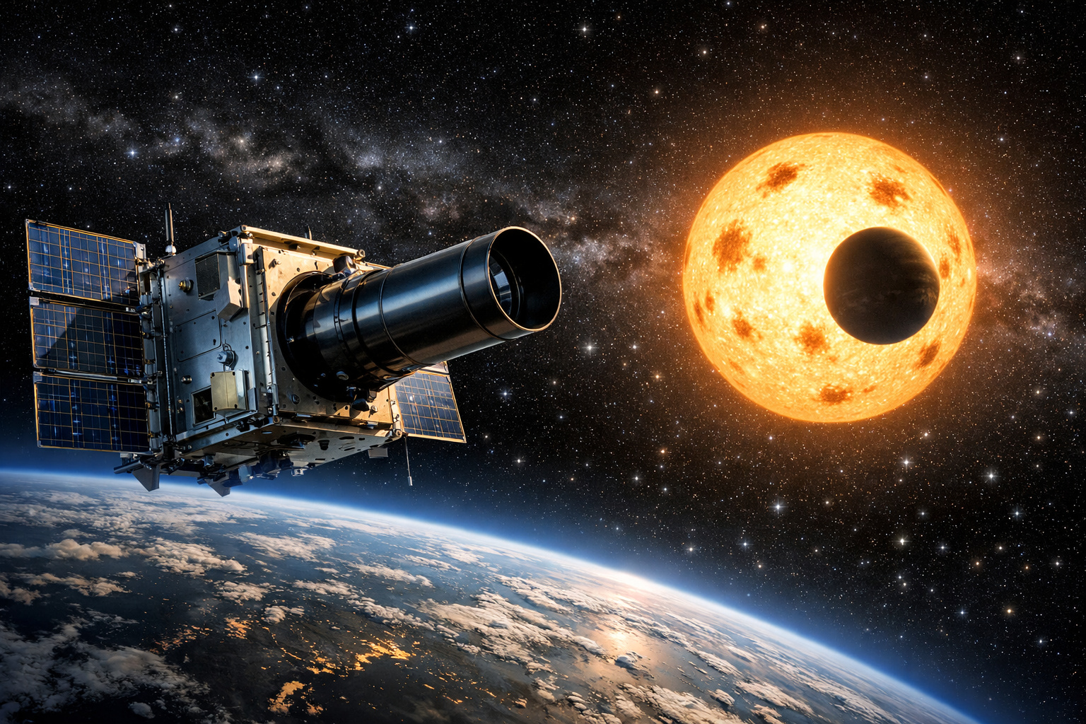 Ilustração do satélite Pandora da NASA analisando a atmosfera de um exoplaneta durante trânsito estelar