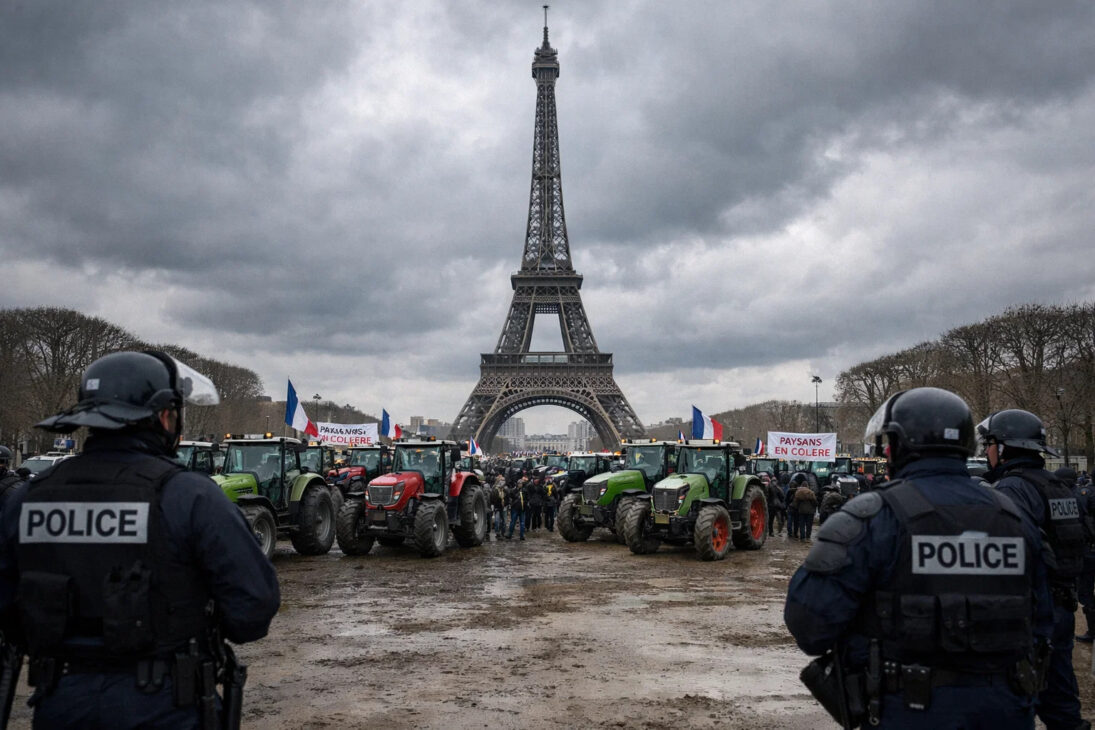 Tratores de agricultores próximos à Torre Eiffel durante protesto em Paris