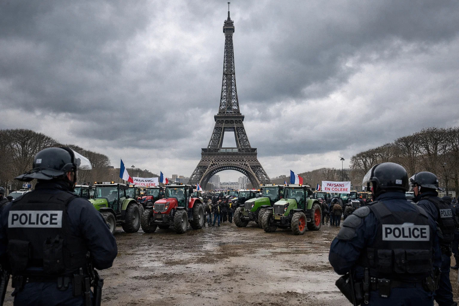 Tratores de agricultores próximos à Torre Eiffel durante protesto em Paris