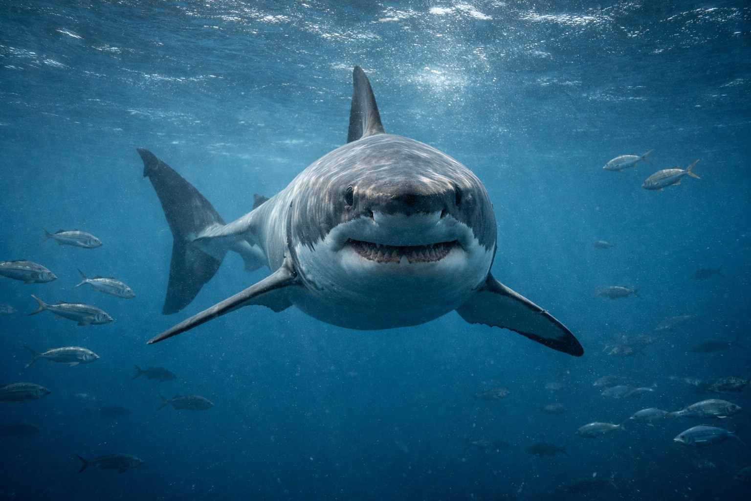 Tubarão nadando no oceano simbolizando a sobrevivência da espécie após cinco extinções em massa.