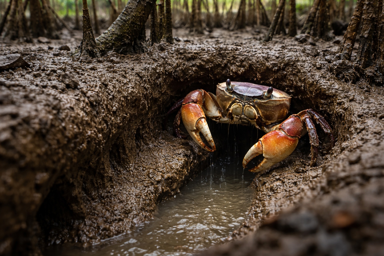 Despercebido pela maioria, um caranguejo dos mangues perfura galerias de até 1 metro de profundidade, aumenta a oxigenação do sedimento e altera o ciclo do carbono: o Ucides cordatus e o impacto hidrológico nos manguezais