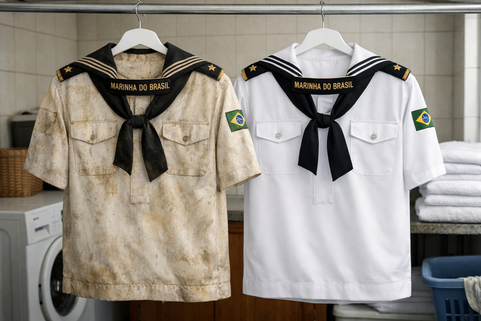 Uniformes brancos da Marinha do Brasil antes e depois da lavagem mostram resultado de disciplina e cuidados simples
