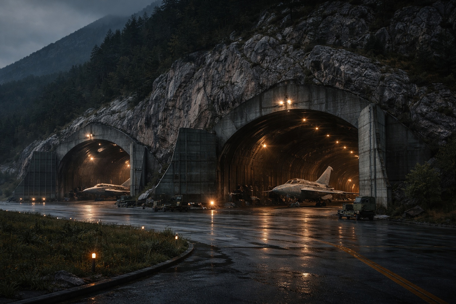 Escavada em uma montanha de rocha sólida, esta foi uma das maiores bases aéreas subterrâneas do mundo, com cerca de 3,5 quilômetros de túneis, hangares para caças e pistas integradas ao relevo