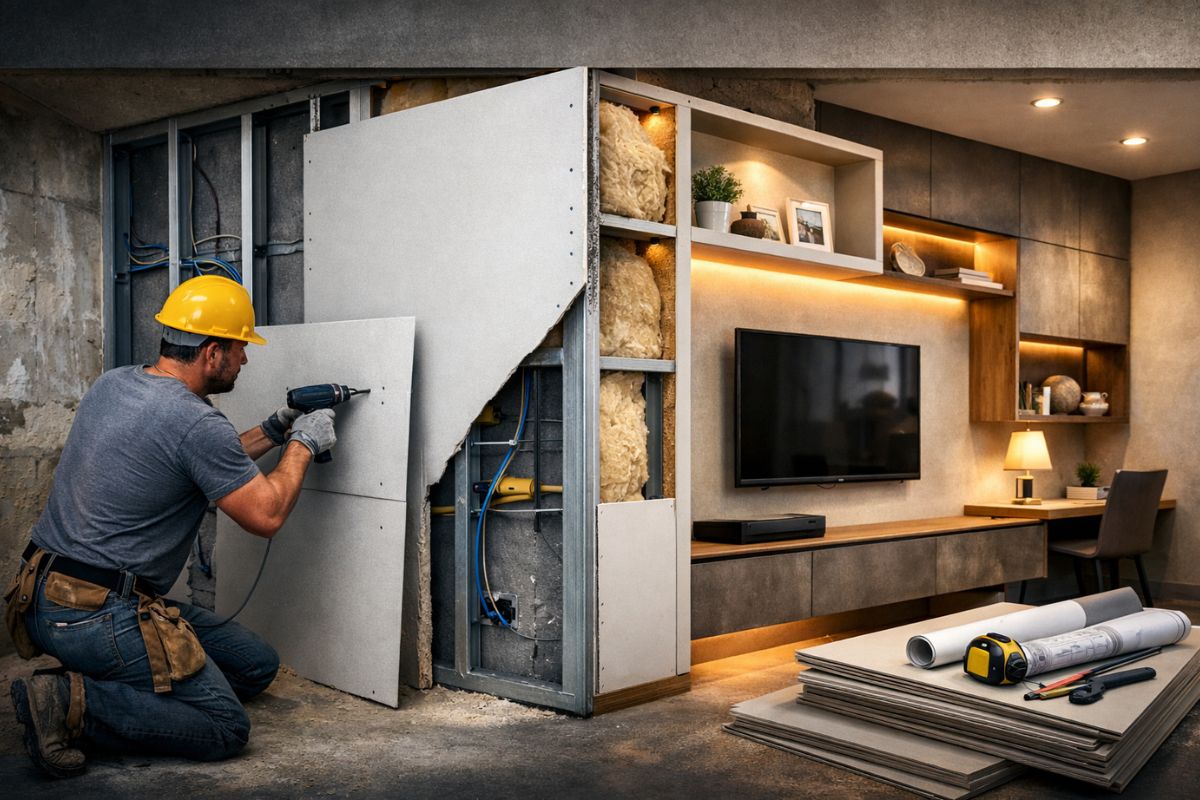 drywall vs alvenaria: divisória com iluminação embutida e custo do drywall explicado para reforma rápida, limpa e com bom acabamento.