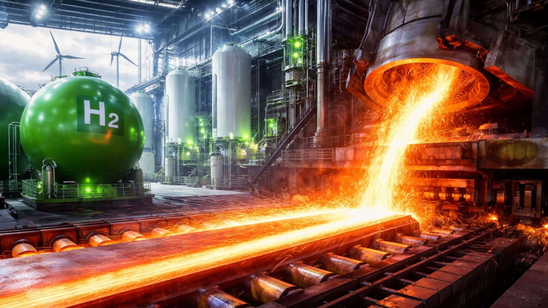 Produção de aço de baixo carbono em usina industrial com forno siderúrgico ativo e tanque de hidrogênio verde ao fundo, representando descarbonização e energia renovável.