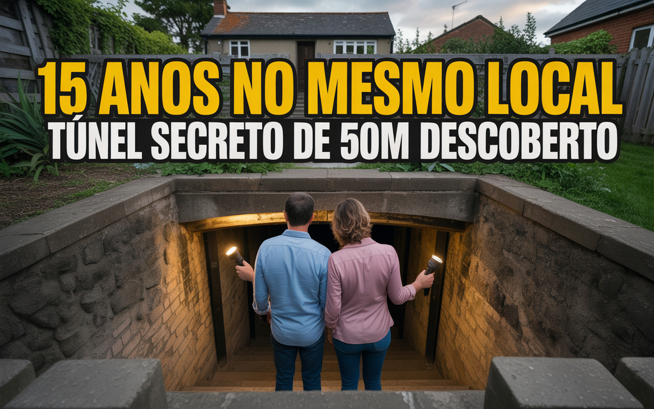 Após 15 anos morando no mesmo endereço, casal descobre túnel-abrigo antiaéreo de cerca de 50 m subterrâneo no quintal, revelando corredor amplo, escada e capacidade para proteger civis dos bombardeios da Blitz na Inglaterra