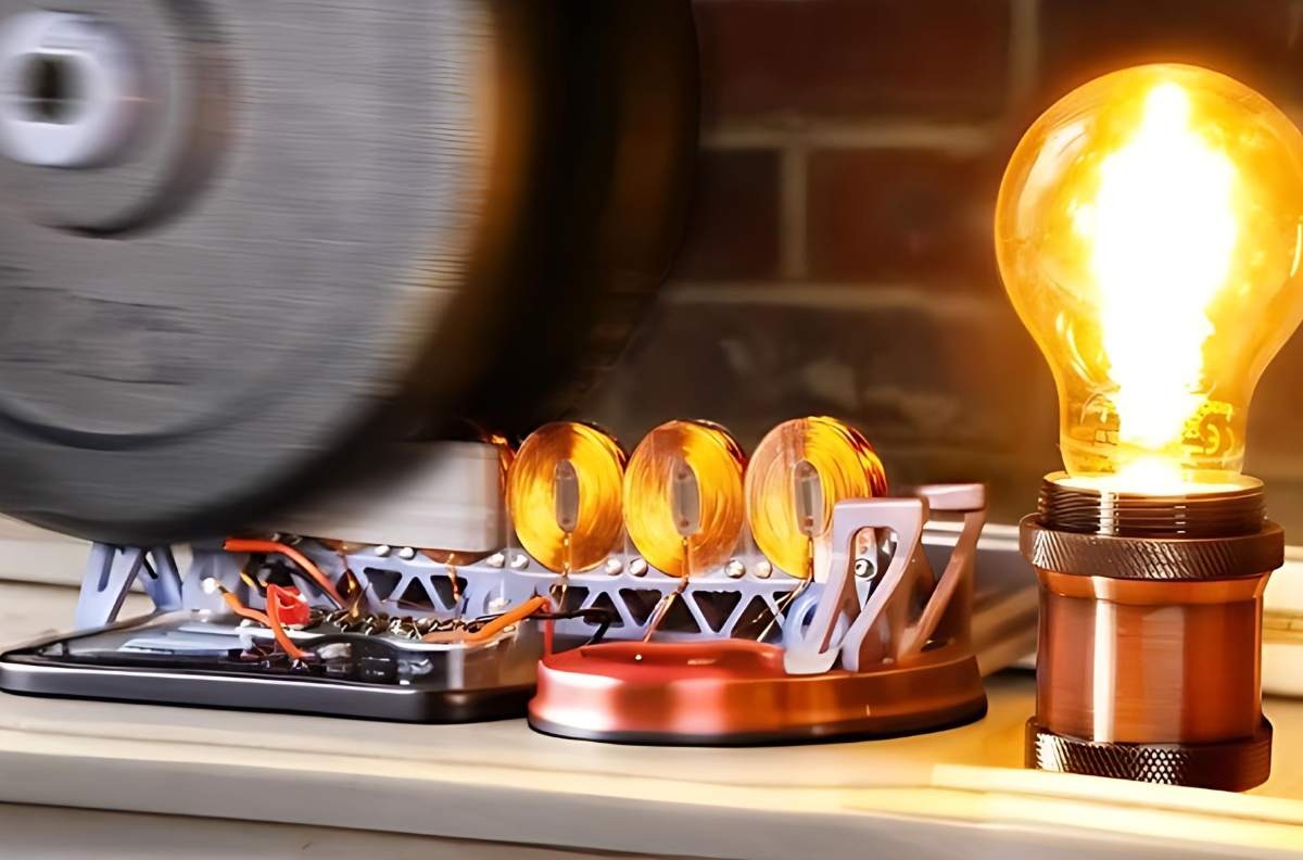 Pêndulo de 40 kg gera 51 joules e 0,28 W, alimenta até seis LEDs e recupera energia por indução eletromagnética.